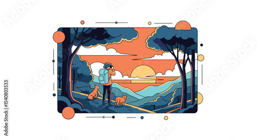 A Hiker with Two Dogs Enjoying the Evening Light in a Scenic Mountain Landscape