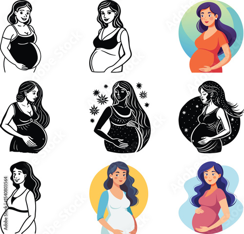 Mom-to-be in Various Styles: This artwork portrays pregnant women in a collection of illustrations, each one a unique expression of anticipation, beauty, and maternal tenderness.