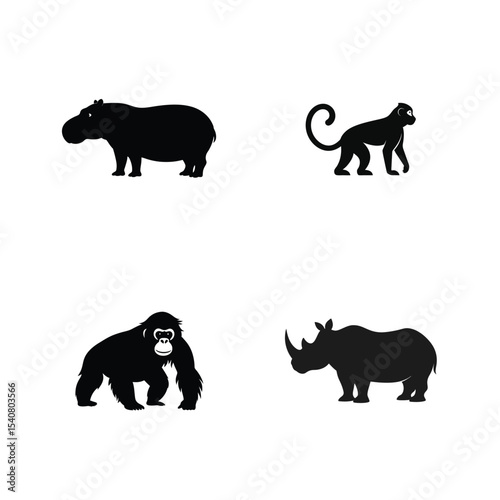 Hippopotamus monkey orangutan and rhinoceros in wild habitat silhouette Vector illustration