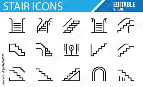 Line art icons of stairs, steps, and accessibility symbols including elevators and doorways.