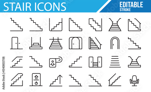 Set of icons depicting different stair designs including modern staircases, handrails, and escalators.