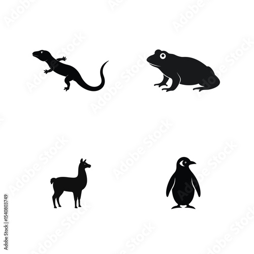 Lizard resting llama walking penguin sliding and toad jumping silhouette Vector illustration