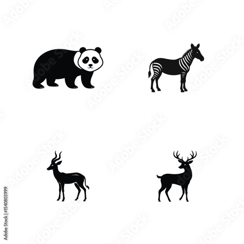 Panda munching zebra trotting antelope running and deer grazing silhouette Vector illustration