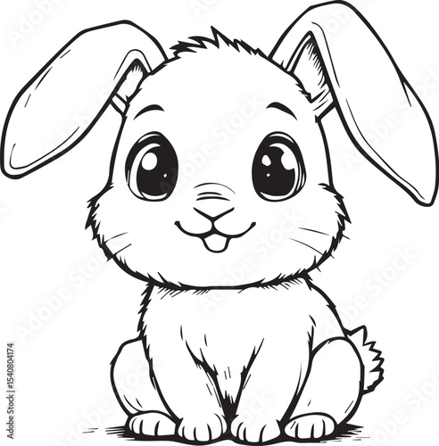 Pblack and white cartoon bunny sitting with tongue out — hand-drawn illustration for kids and character design themes