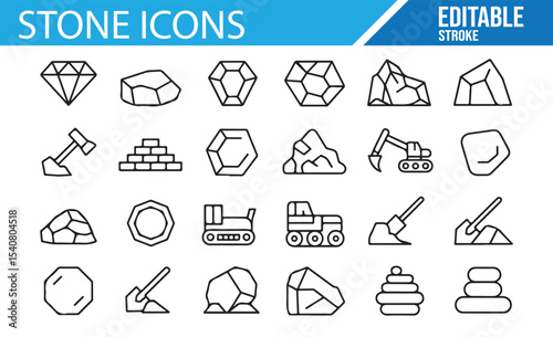 Set of icons featuring gemstones, crystals, rocks, and excavation equipment for mining and geology purposes.