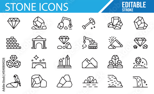 Line drawings of stones and rocks, including diamond, crystal, and excavation tools for nature and earth-related designs.