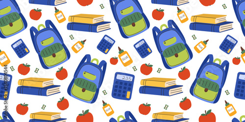  Back to school seamless pattern with backpack, books, calculator, glue and apples. Colorful vector background with school supplies: blue and green backpack, stacked textbooks, calculator with digits.