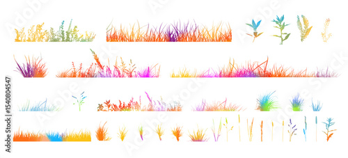 Set of horizontal banners of meadow colored silhouettes with grass. hand drawn. Not AI, Vector illustration