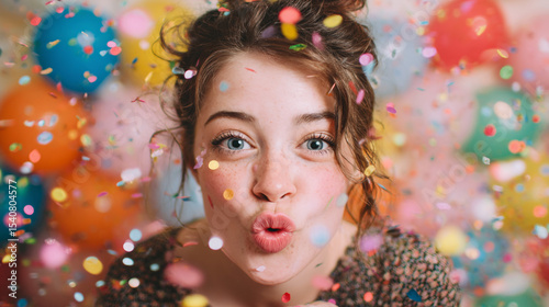 Joyful Celebration: Capturing the sheer exhilaration of a young woman joyfully blowing confetti into the air, surrounded by a cascade of colorful confetti and festive balloons.