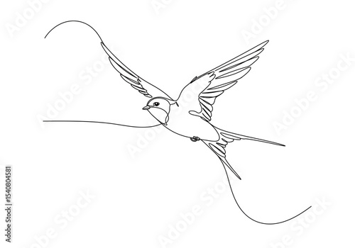 Single line drawing of a swallow bird in flight with wings spread on a white background illustration
