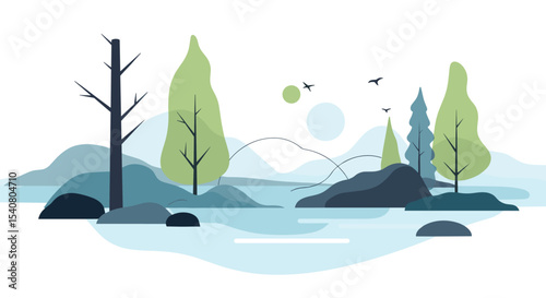 Serene Nature Scene Illustration with Green Trees, Blue Hills, and Tranquil Water Surface