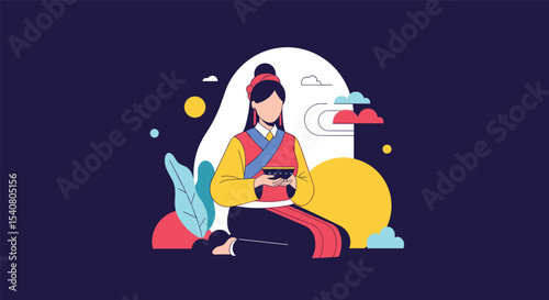 The Beauty of Japanese Culture A Traditional Figure with Decorative Elements in a Flat Design