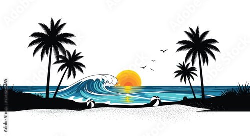 Tropical Beach Scene with Palm Trees Sunset and Ocean Wave Serene Paradise