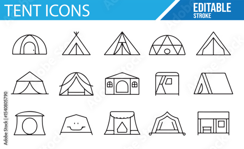 Set of vector icons depicting multiple types of tents for camping activities and outdoor experiences.
