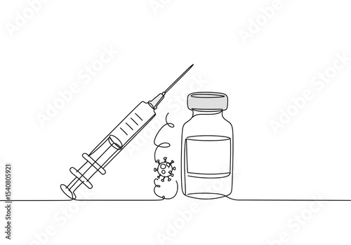 A simple line drawing of a syringe, a vaccine vial, and a virus cell on a white background surface