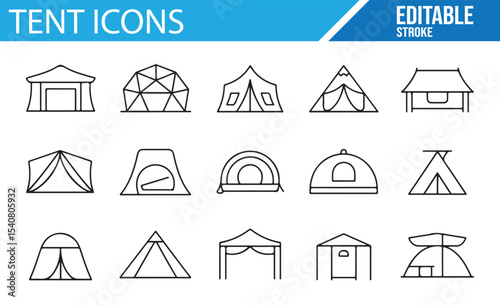 Various tent icons representing different camping styles and designs, including dome, teepee, and cabin tents.