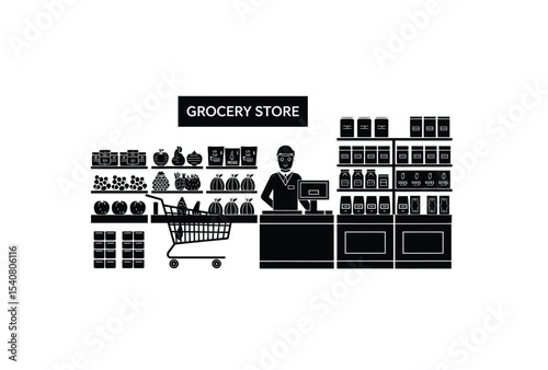 Grocery store vector in black color on white background.