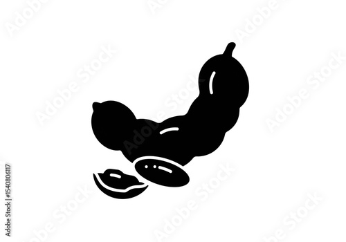 A simple black silhouette of a tamarind pod and two seeds on a plain white background image view