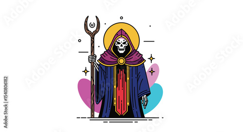 Grim Reaper Illustration Featuring a Staff and a Gold Halo with a Purple Robe
