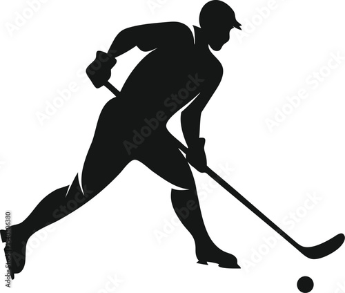 Black vector silhouette illustration of an ice hockey player in action