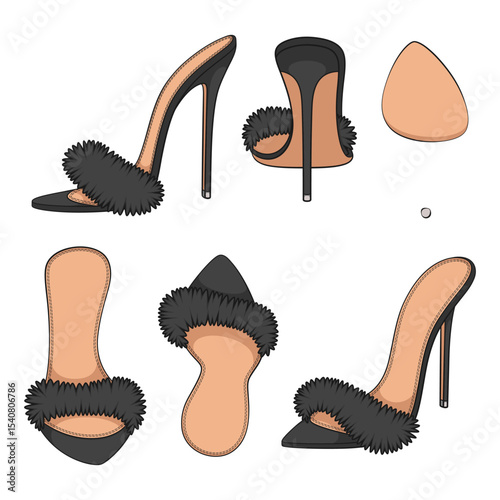 Set of color illustrations with black clogs, sandals with heels and fur. Isolated vector objects on white background.