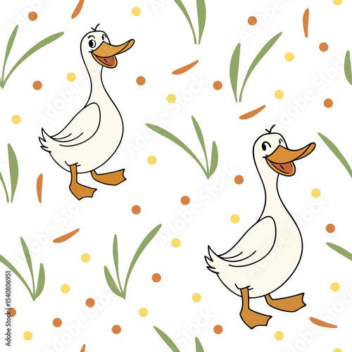 Cute silly duck seamless pattern design. Cartoon Goose digital paper for nursery, wallpaper, fabric, baby textile, gift wrap.