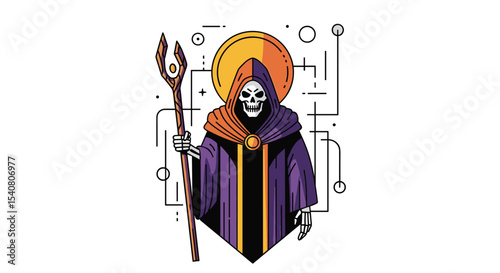 Death Skeleton Wizard in Purple Robes With Staff and Yellow Round Halo