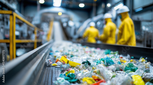 Wallpaper Mural Plastic waste moving along conveyor belt in a recycling facility with workers in background.
 Torontodigital.ca