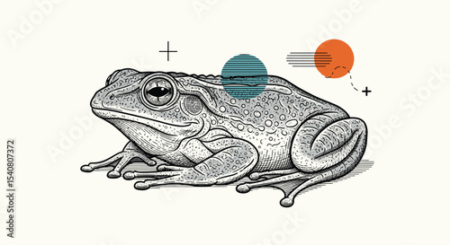 A Detailed Sketch of a Frog in Natural Habitat with Artistic Color Accents
