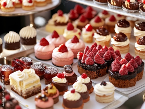 Raspberry and Chocolate Mini Cakes Dessert Buffet Display,Bakery,Pastries ,Dessert Table,Sweet Treats
