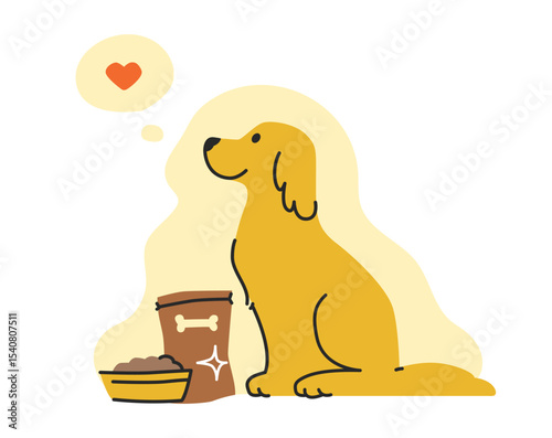 Cute, charming dog surrounded by various pet products: bed, pack of food, collar and leash. Sitting labrador. Modern cartoon style. Isolated hand drawn vector illustration.