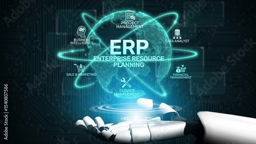 ERP platform visual showing centralized system for enterprise resource planning, improving integration, data flow, business efficiency, finance, inventory, and human resources. Muxer