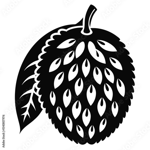 Black and White Graphic of a Custard Apple with Leafy Detail Pattern