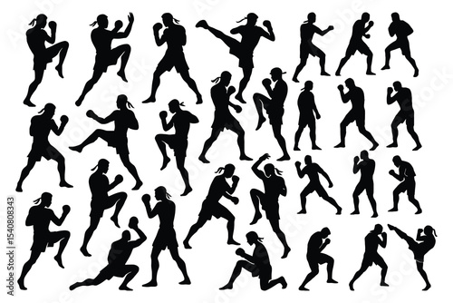 Muay thai fighter silhouettes collection isolated on white background