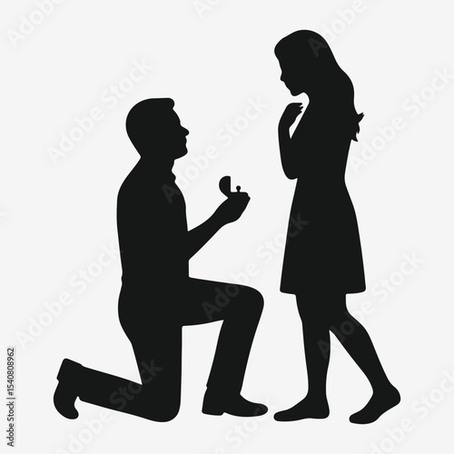 Silhouette of man proposing to woman isolated on white background