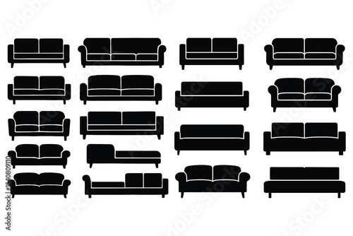 Collection of black sofa icons isolated on white background