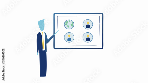 Man presenting a board with a world map and three user icons in a presentation setting clearly visible