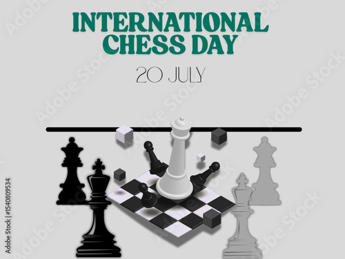 Colorful vector illustration celebrating International Chess Day. Features stylized chess pieces, a dynamic layout, and vibrant elements perfect for banners, posters, and educational materials related