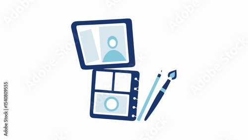 Illustration of an open sketchbook with drawings and art supplies such as paint brushes nearby it