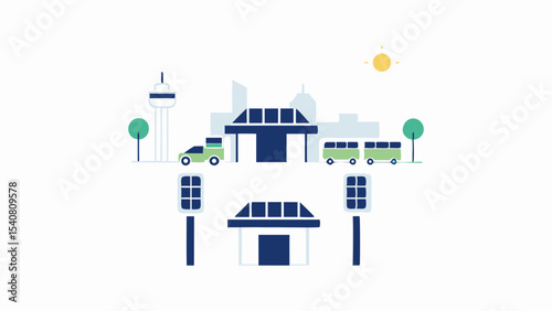 Illustration of a cityscape with buildings, vehicles, and trees in a minimalist style design