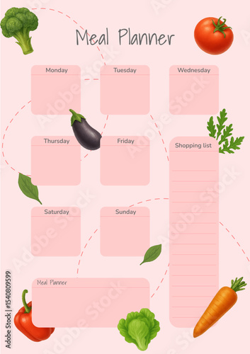 Weekly Meal Planner Printable A4 Template with Shopping List and Hand-Drawn Vegetables