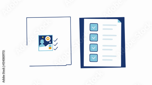 Illustration showing a checklist on a clipboard and a document with a profile picture and checkmarks