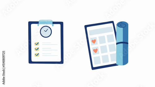 Illustration of a clipboard with checkmarks and a calendar with hearts and a rolled up yoga mat