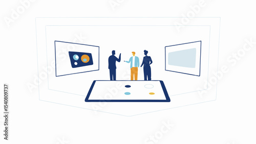 Three people standing around a large interactive table with screens displaying data and information