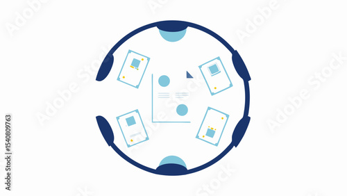 Overhead view of a round table with documents and a presentation chart in a meeting setting shown