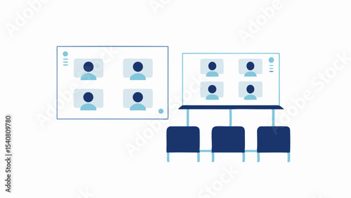 Illustration of two video conference setups with multiple participants displayed on screens and chairs