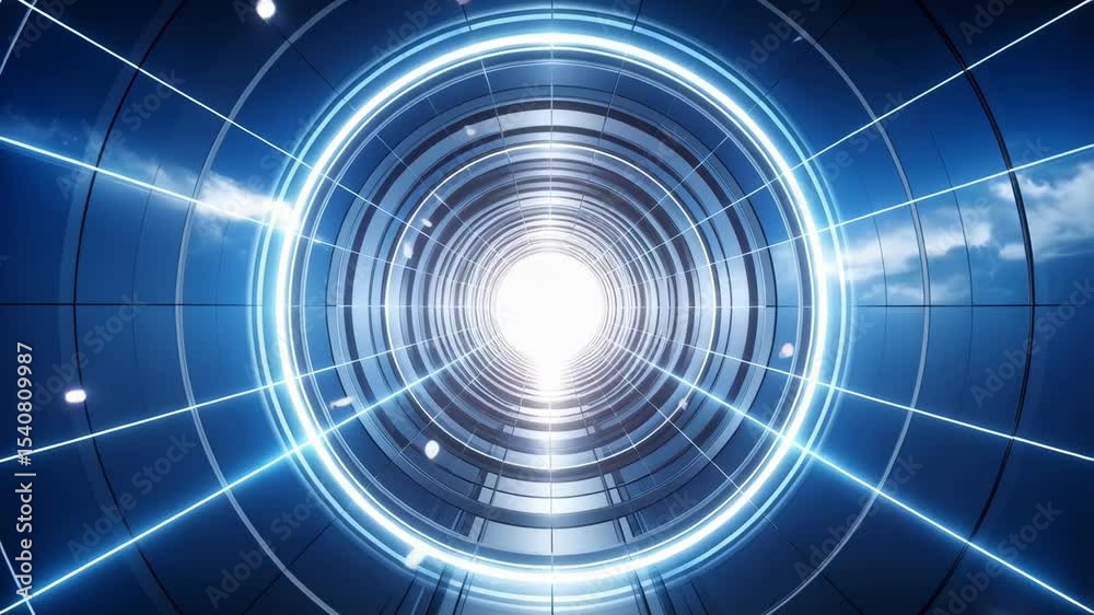 Abstract futuristic tunnel with neon lights and blue sky reflecting, representing digital connection and technological advancement