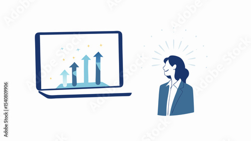 Woman looking at a laptop displaying a bar graph with upward trending arrows and stars around it