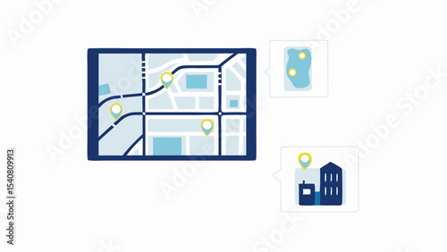 Illustration showing a map with location pins and icons representing buildings and a body of water
