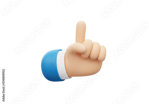 Cartoonish hand with index finger raised wearing a blue and white sleeve on a dark setting on transparent background